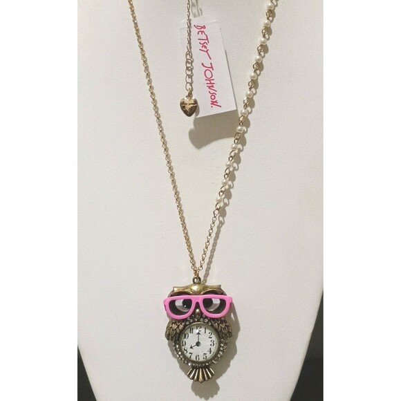 Betsey Johnson Back To Cool Owl Pink Glasses Faux Clock Pendant Necklace New - Picture 3 of 8